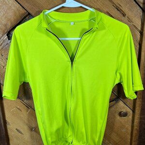 Neon Green Full Zip Biking Jersey Size M w/Back Water Bottle Pouches